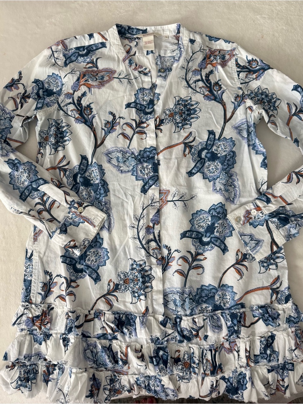 Sundance Women’s Size Small Blue Brown Print Blouse Ruffle Layer Hem D92